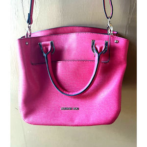 London Fog Bright Pink Easter Satchel Purse Leather Adj Strap Crossbody Bag